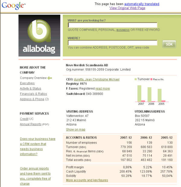 Google translation of company information page Google translation of company information page