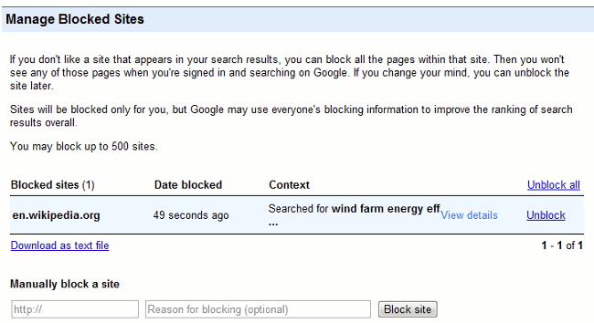 Google Blocked Sites