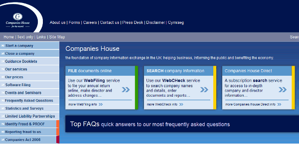 Companies House home page