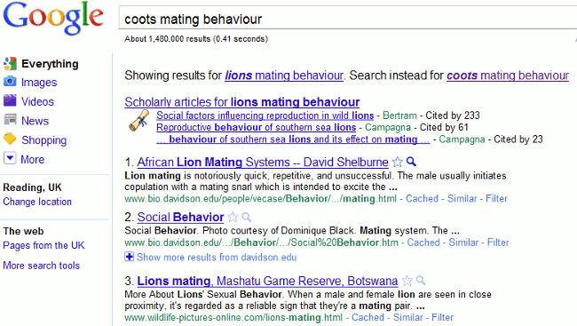 Google''s interpretation of search on 'coots mating behaviour' 