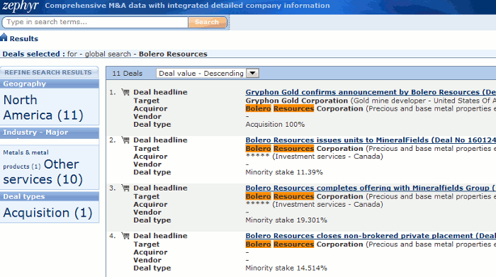 M&A Portal search results