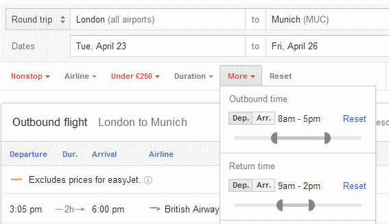 Google Flights search option