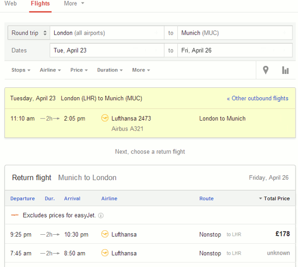 Google Flights search London to Munich