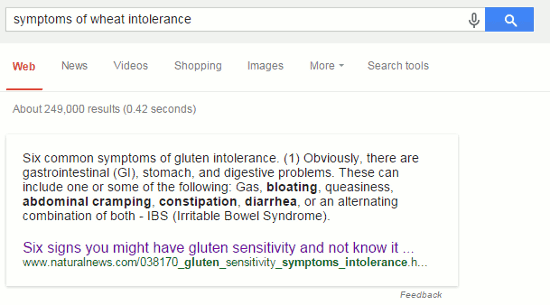Google quick answer for wheat intolerance